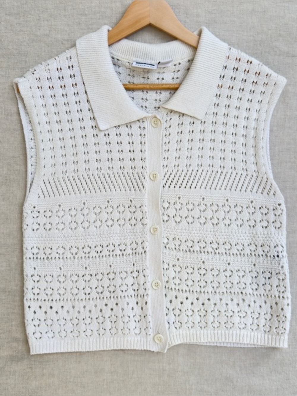 Noisy May Crochet Knit Polo Vest White Pointelle Button Front Preppy S